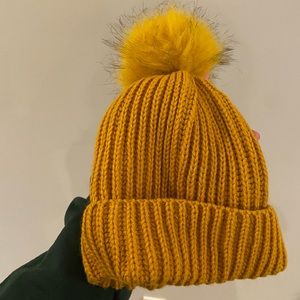 yellow forever 21 knit fuzzy pom pom hat